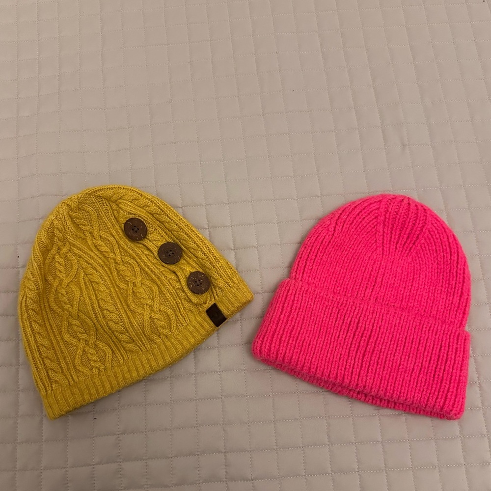True religion Yellow and Pink Knit Beanie Set